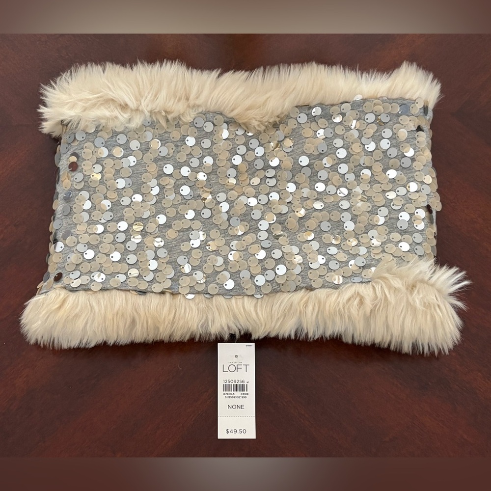 LOFT Scarf Faux Fur with Silver and Taupe Sequins